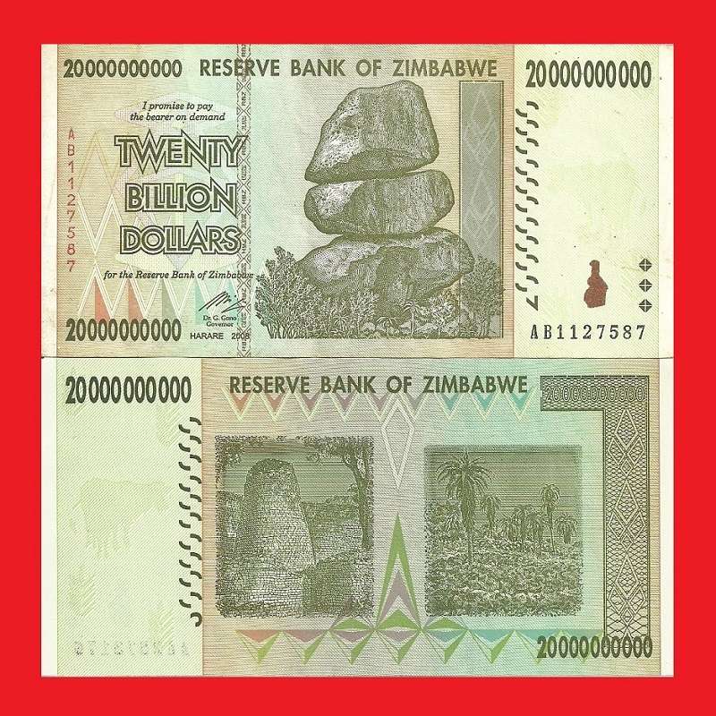 ZIMBABWE 20 Billion Dollar Banknote Serial AB1127587 VF