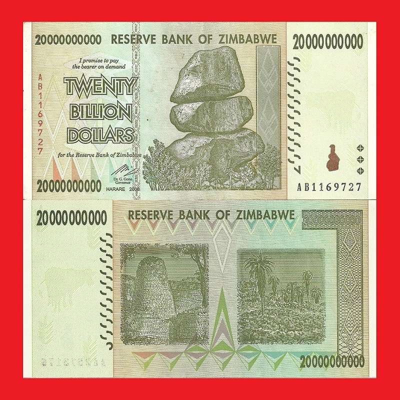 ZIMBABWE 20 Billion Dollar Banknote Serial AB1169727 VF