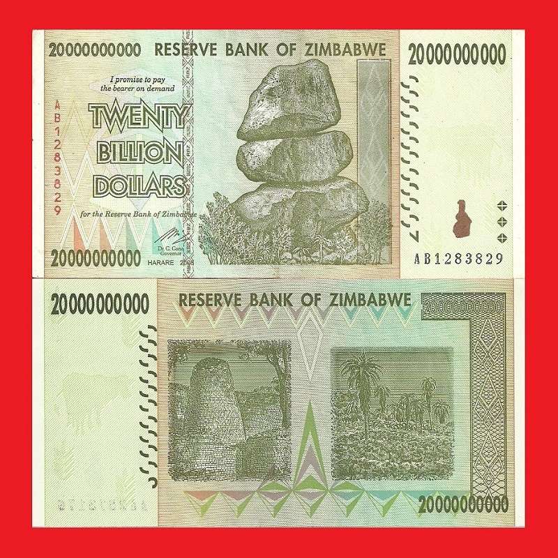 ZIMBABWE 20 Billion Dollar Banknote Serial AB1283829 XF