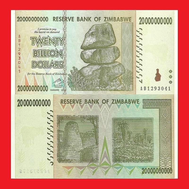 ZIMBABWE 20 Billion Dollar Banknote Serial AB1293041 UNC