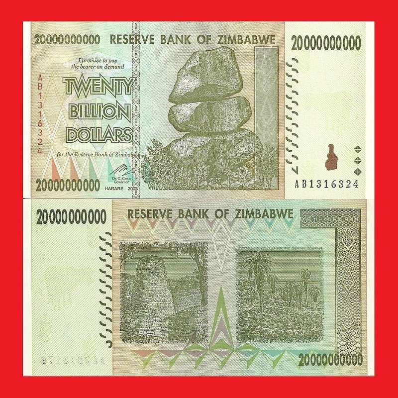 ZIMBABWE 20 Billion Dollar Banknote Serial AB1316324 XF