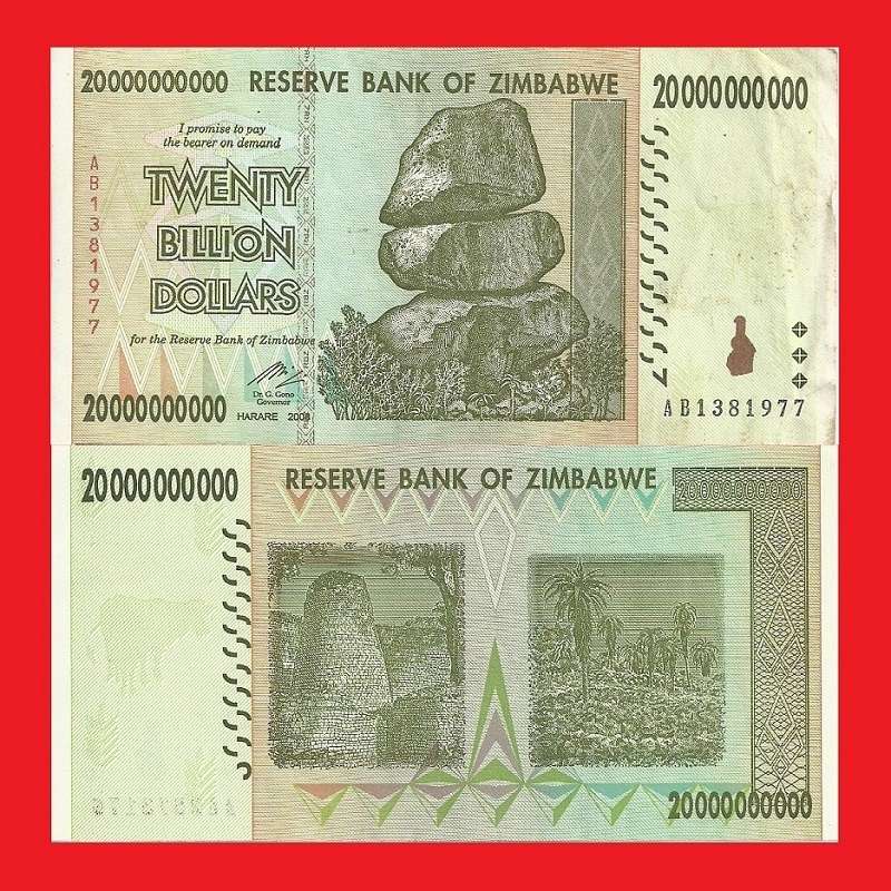 ZIMBABWE 20 Billion Dollar Banknote Serial AB1381977