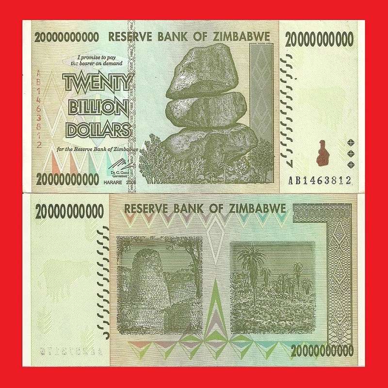 ZIMBABWE 20 Billion Dollar Banknote Serial AB1463812 XF