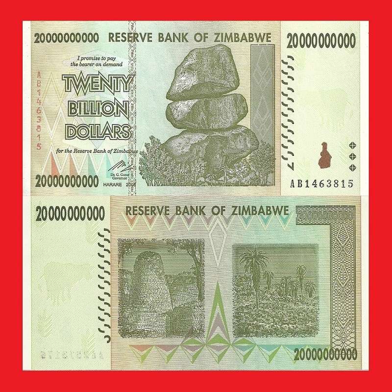 ZIMBABWE 20 Billion Dollar Banknote Serial AB1463815 XF