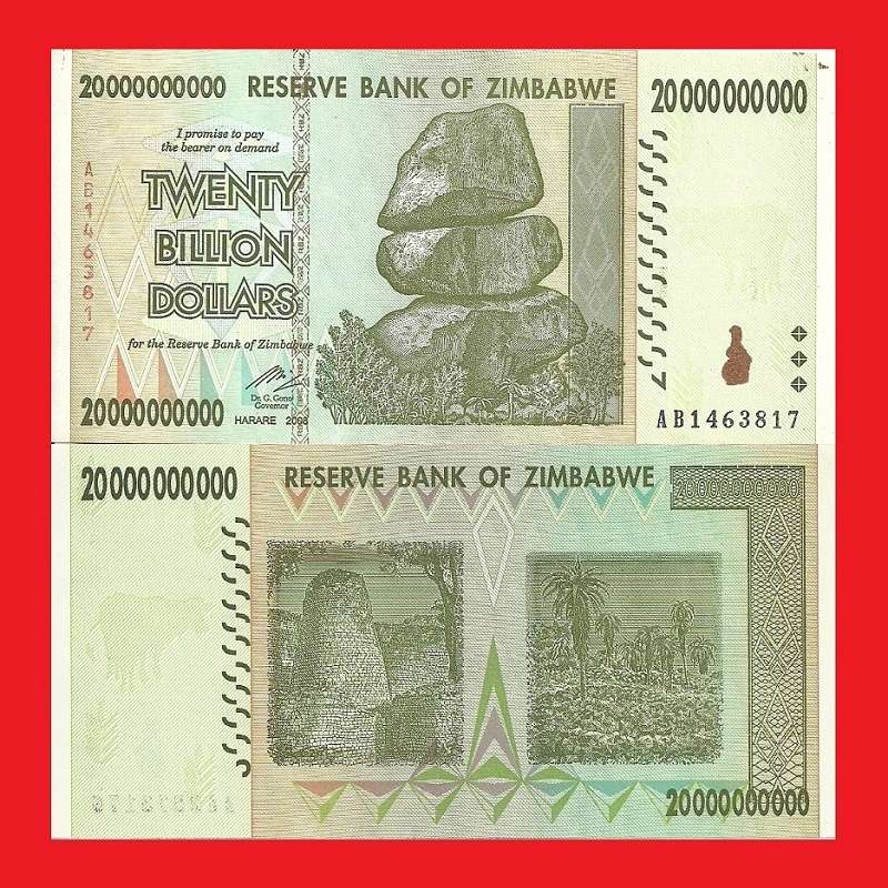 ZIMBABWE 20 Billion Dollar Banknote Serial AB1463817 XF