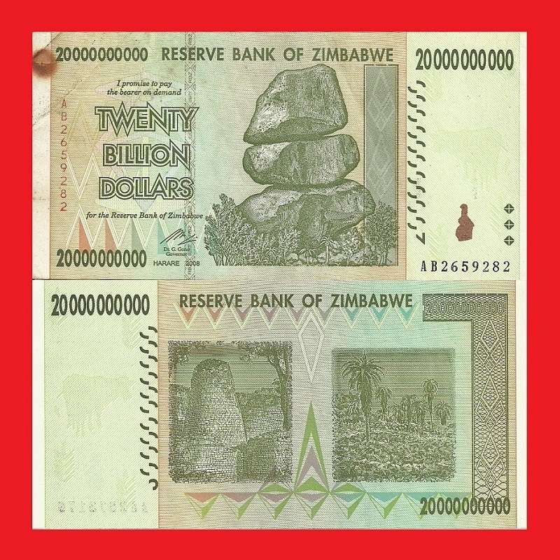 ZIMBABWE 20 Billion Dollar Banknote Serial AB2659282