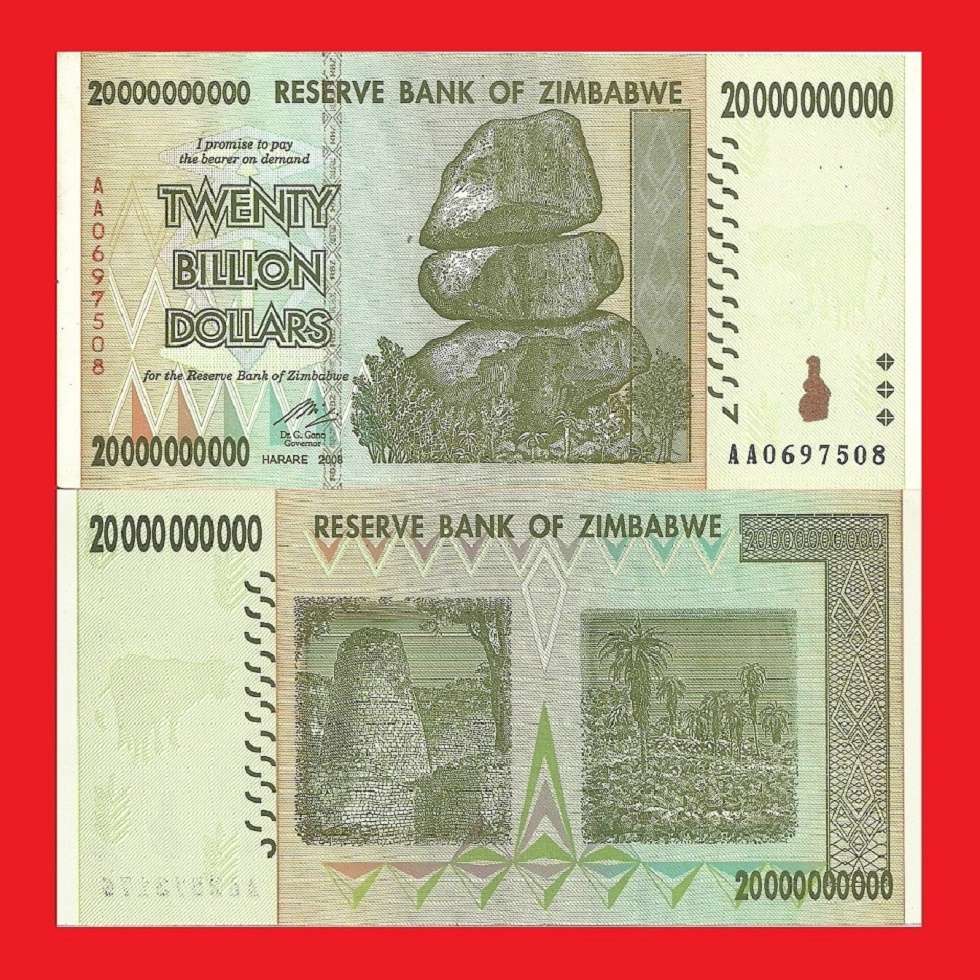 Zimbabwe 20 Billion Dollar Banknote Serial AA0697508 AU
