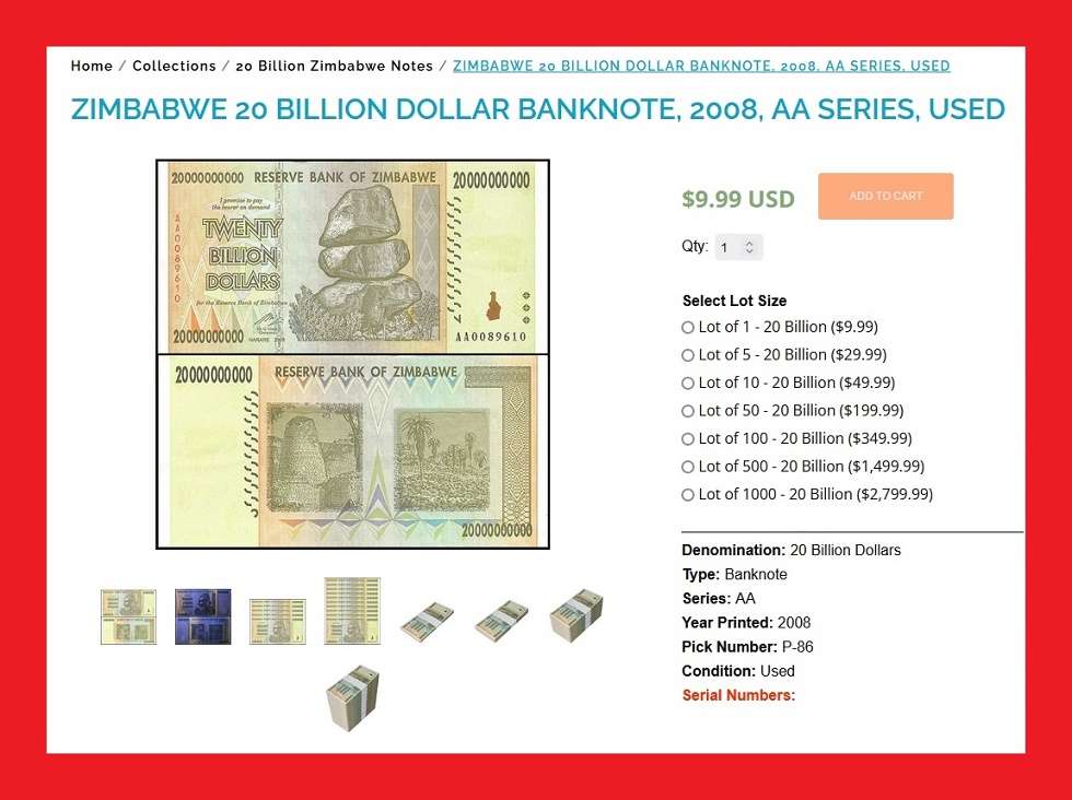 ZIMBABWE 20 Billion Dollar Banknote Serial AA1458769 F