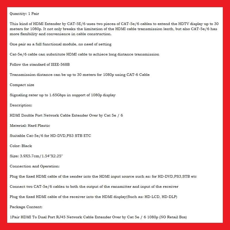 HDMI Signal Extender Adapter Set Using RJ-45 Cables