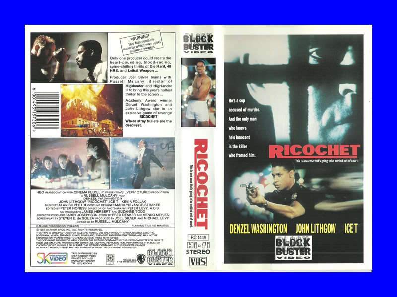 VHS CASSETTE  -  RICOCHET (DENZEL WASHINGTON, ICE T & JOHN LITHGOW)