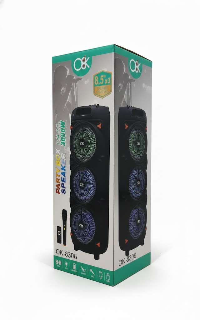 OK Party Box Speaker (3000W PMPO)  Triple 8.5" Bluetooth Tower with Microphone