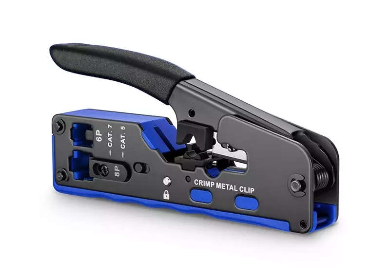 RJ11 & RJ45 eZ Crimping Tool for CAT6/CAT7 Network Connectors with Cable Passthrough