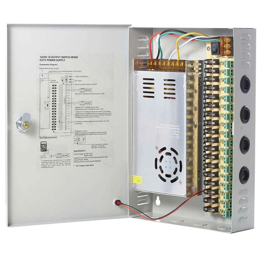 20 Amp, 18 Channel CCTV Metal Power Supply box with Fuses