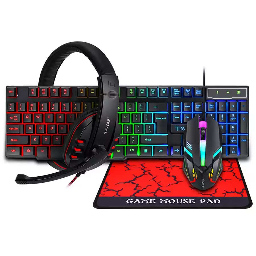 T-Wolf 4-in-1 Gaming Combo | Keyboard, Mouse, Headset & Mouse Pad | 1200 DPI | 3-Color LED Backlight