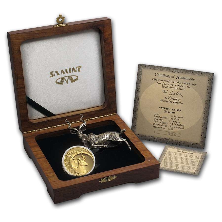 1999 South Africa 1 oz Gold Natura Kudu Proof Special Launch Still sealed with Silver Kudu figurine