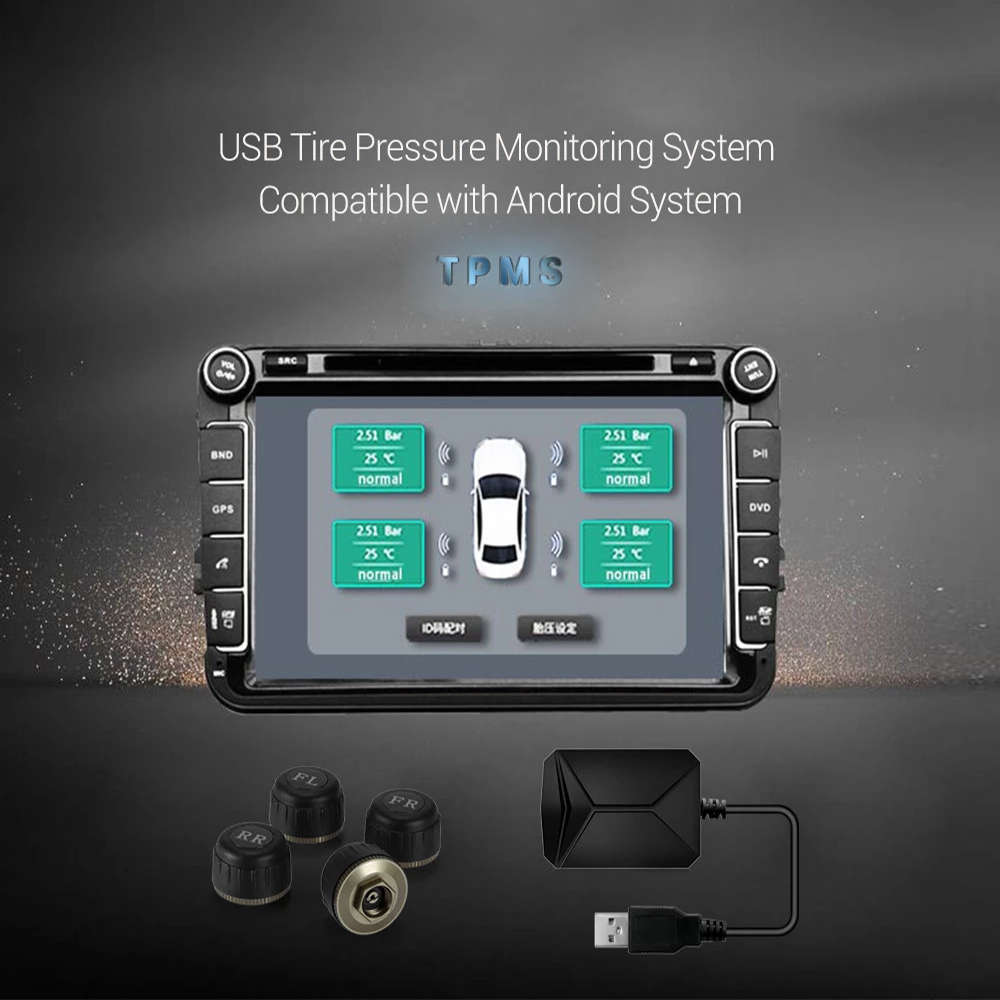 USB Tire Pressure Monitor, 0-8 Bar Car External TPMS for Android Car Radio