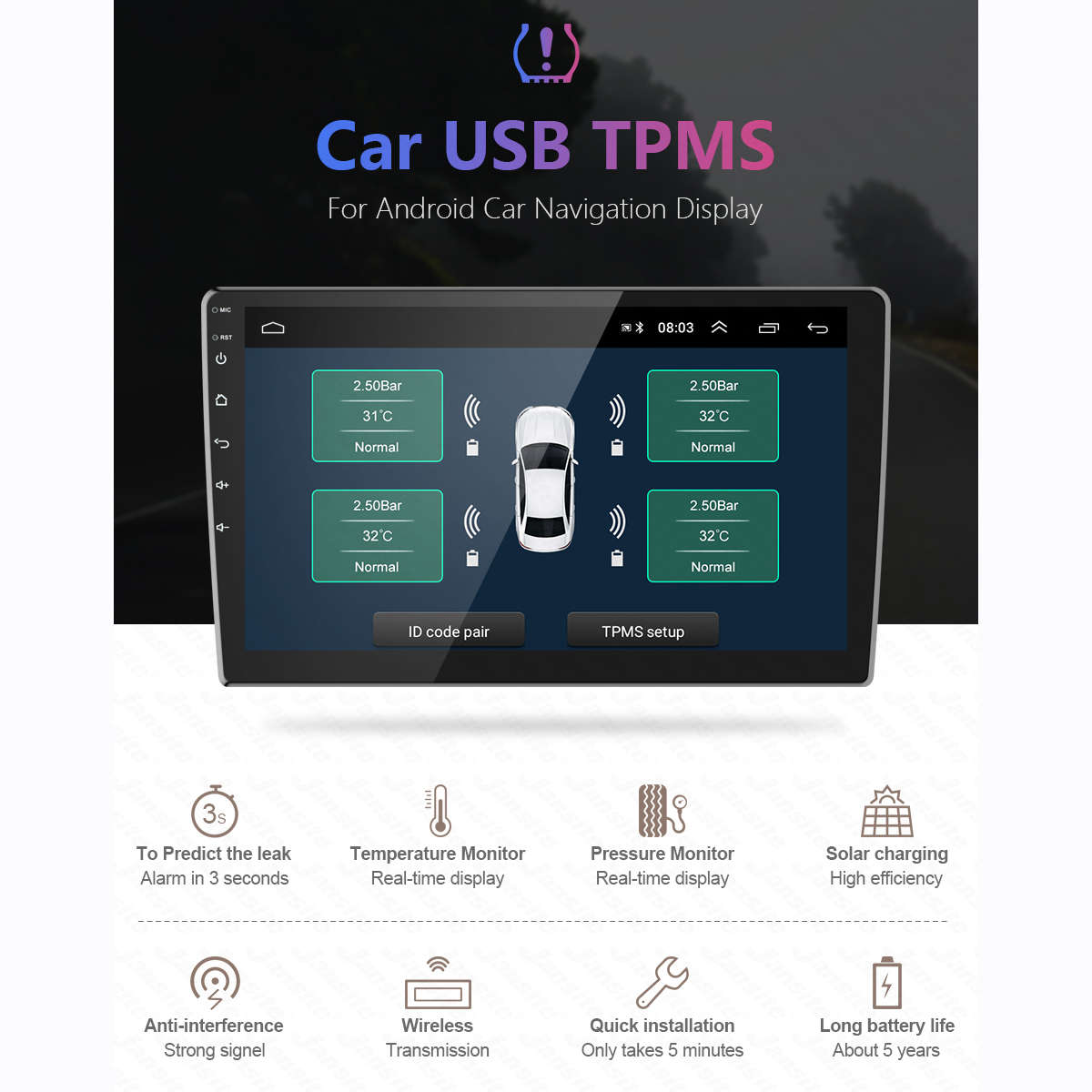 USB Tire Pressure Monitor, 0-8 Bar Car External TPMS for Android Car Radio