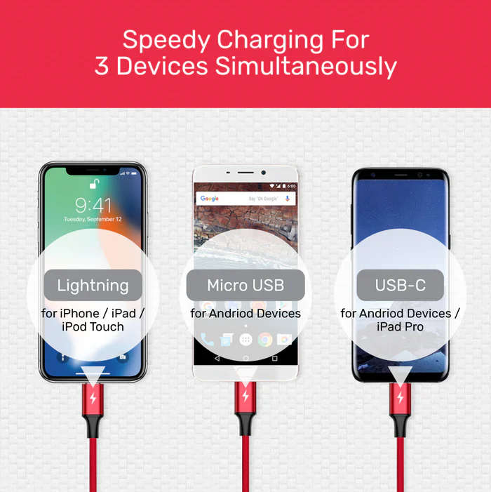 3-in-1 USB-A to USB-C / Micro USB / Lightning Multi Charging Cable (Red Edition)