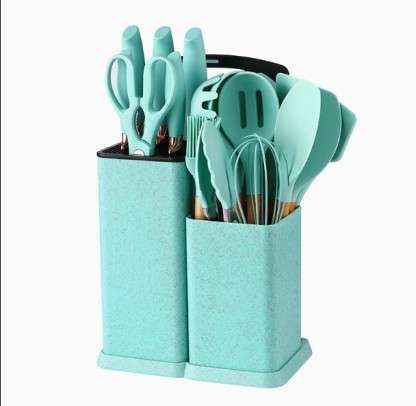 19-Piece Non-Toxic Silicone Cooking Utensils Set with Holder-GREEN