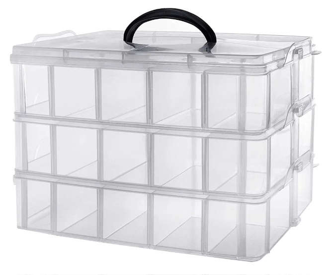 3-LAYER CLEAR WHITE PLASTIC STORAGE BIN 15x15x12.5mm 220638