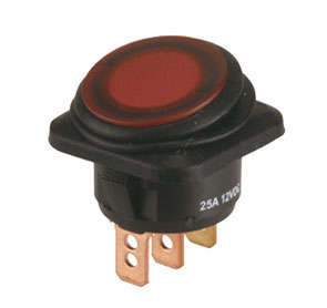 ROUND ROCKER SWITCH 12VDC 25A RD SPST 3-PIN B1320