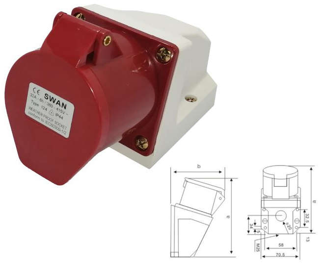 46mm INDUSTRIAL SOCKET 32A 3P+E 4P IP44 220V-250V IPS-CE-124