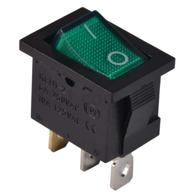 ROCKER SWITCH ILLUMINATED GREEN 12V 15A SPST 13x19 KCD1-2-101N GREEN