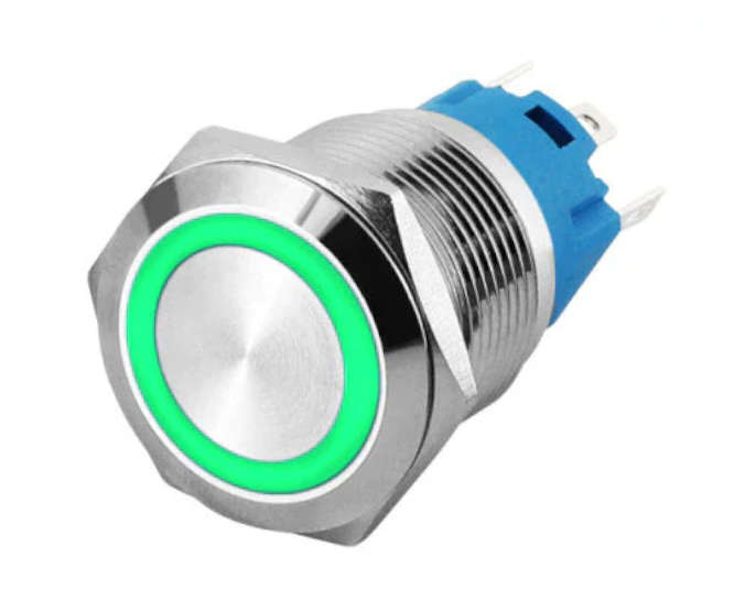 PUSH BUTTON SWITCH 1xNO/NC SPDT 5A 12V M19 D=22 L=35 LATCHING GREEN LAS3-19F-W11EL-GREEN