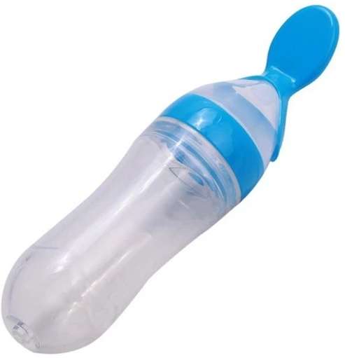 Silicone Nursing Bottle with Spoon - Blue