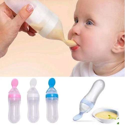 Silicone Nursing Bottle with Spoon - Blue