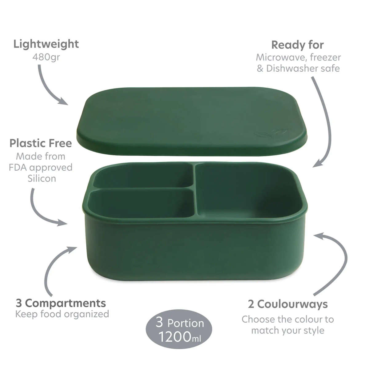 Silicone Bento Lunchbox - 3 portion - Moss