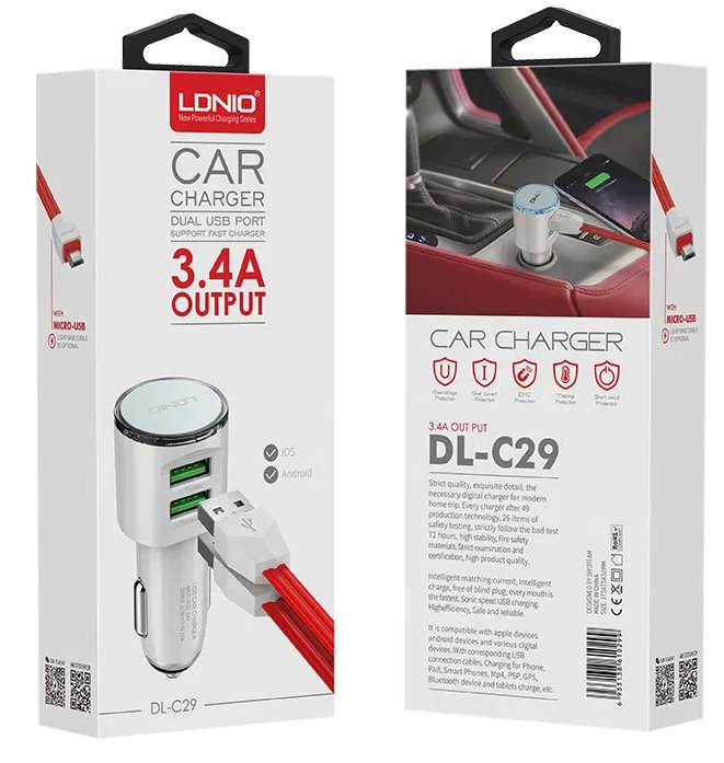 Ldnio Dl-C29 5V/3.4A Usb 2-Port Car Tablets