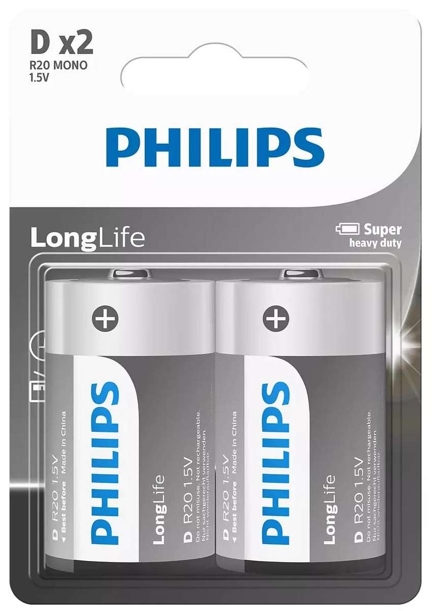 Philips Longlife Battery D 2 Pack Batteries