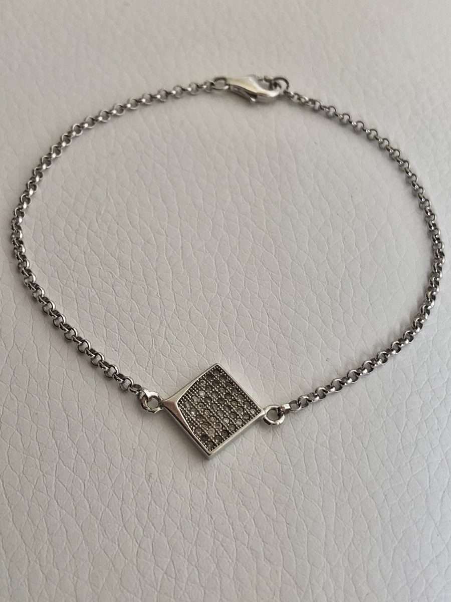 Bracelet - Silver Belcher Link, Off Centre square with Diamante - Checkerboard Design #ML571
