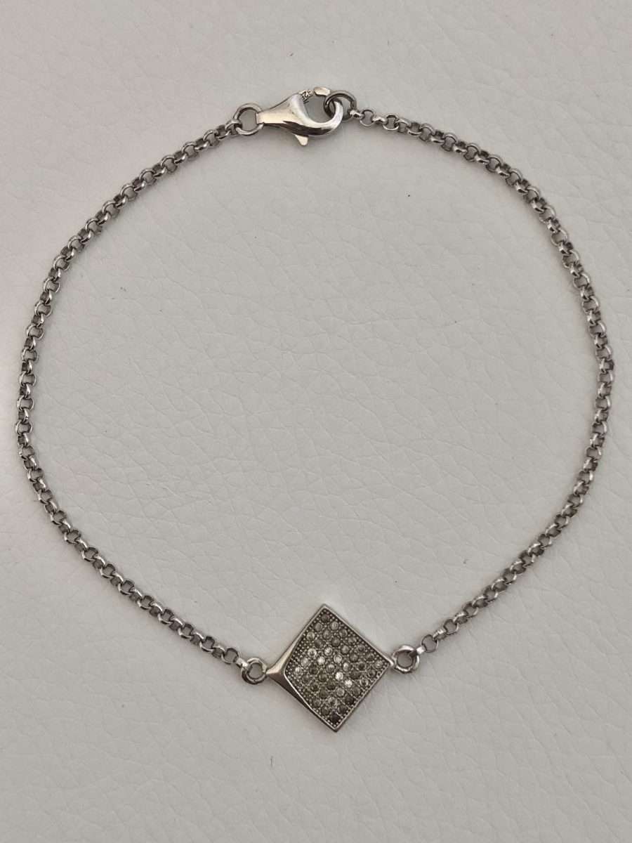 Bracelet - Silver Belcher Link, Off Centre square with Diamante - Checkerboard Design #ML571
