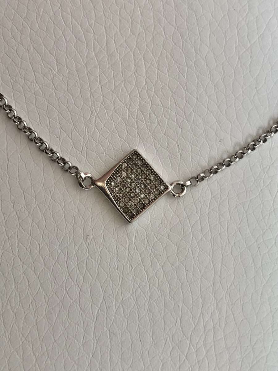 Bracelet - Silver Belcher Link, Off Centre square with Diamante - Checkerboard Design #ML571