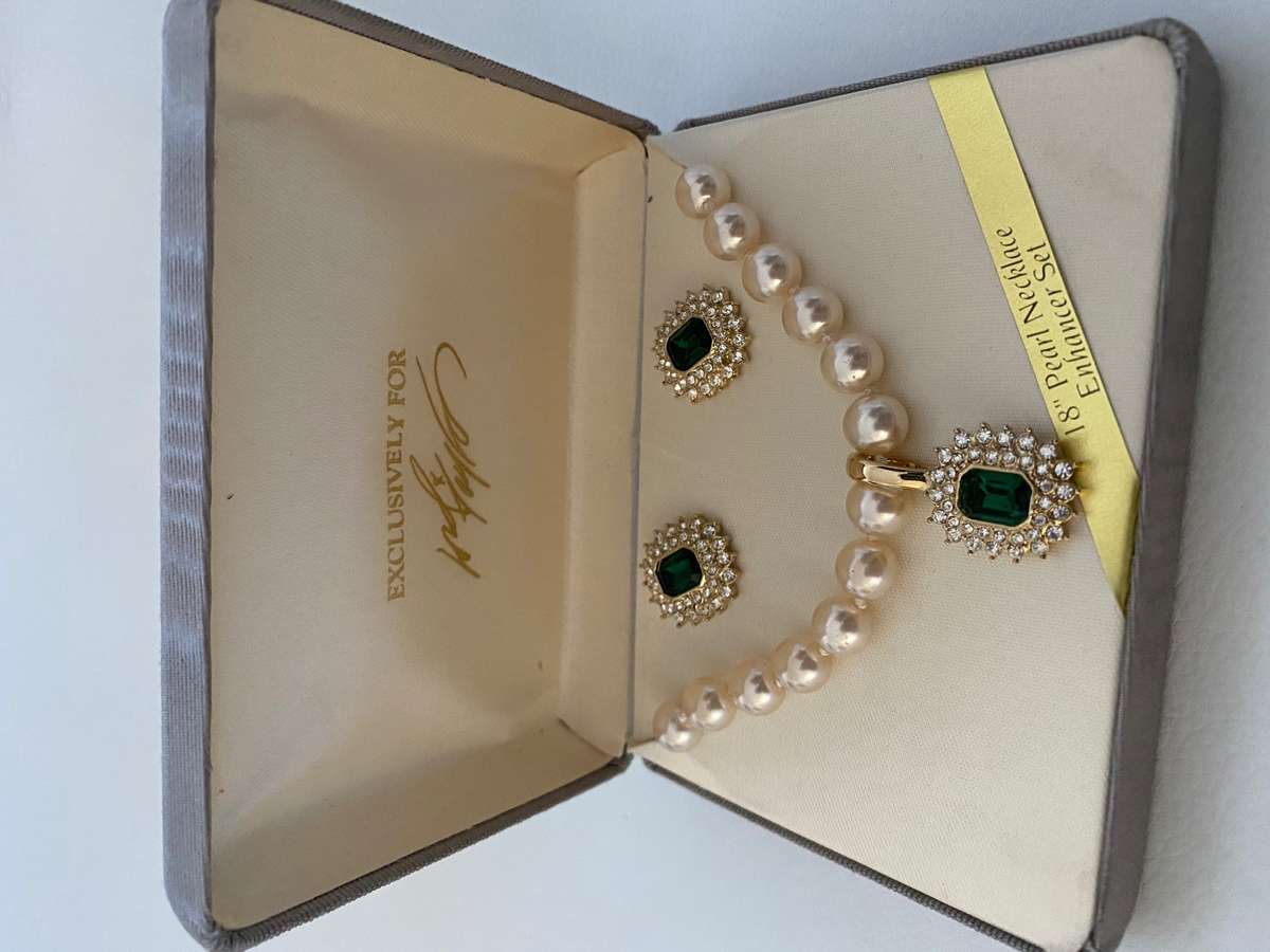 Jewellery Set - Necklace & Earrings Set , 18" Pearl Necklace Enhancer Set, Emerald Green Colour