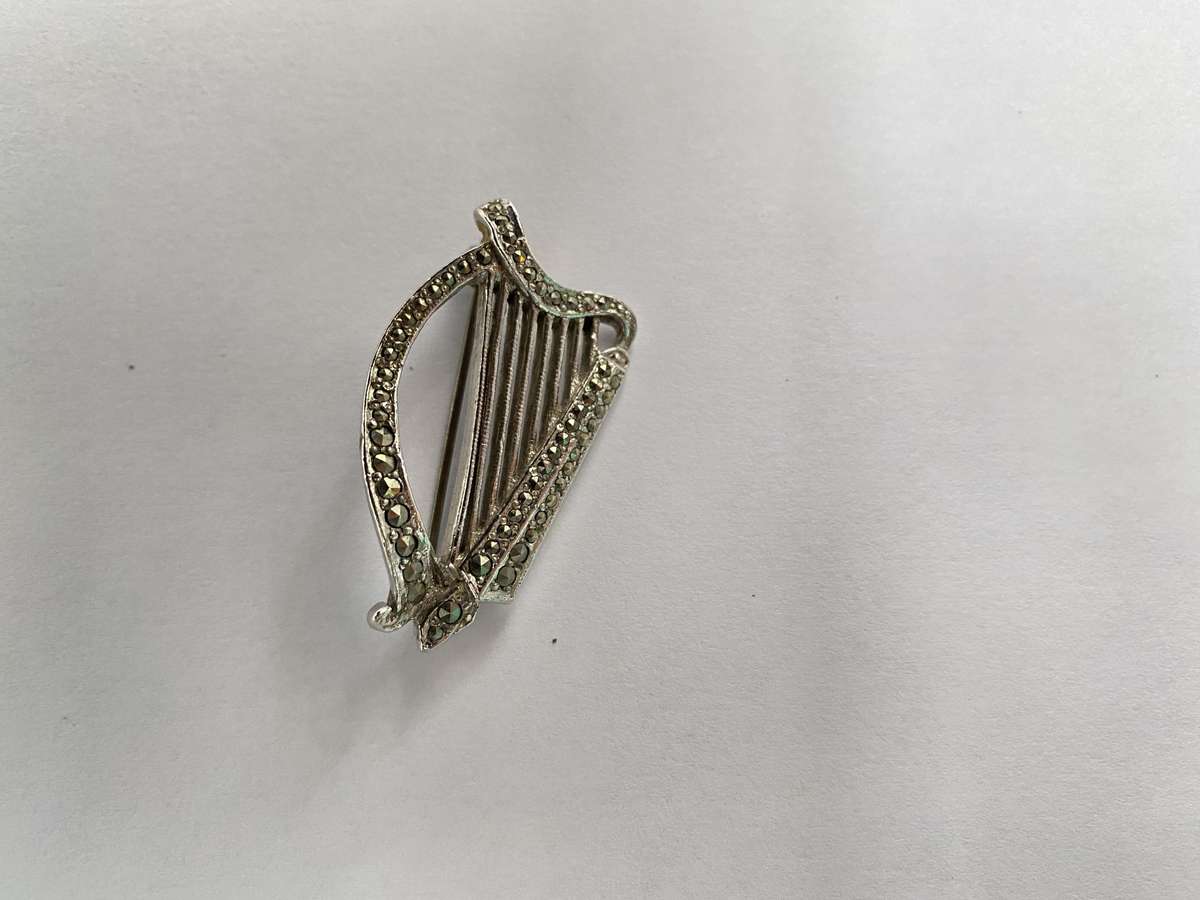 Brooch - Marcasite Harp. Silver Plated #ML656