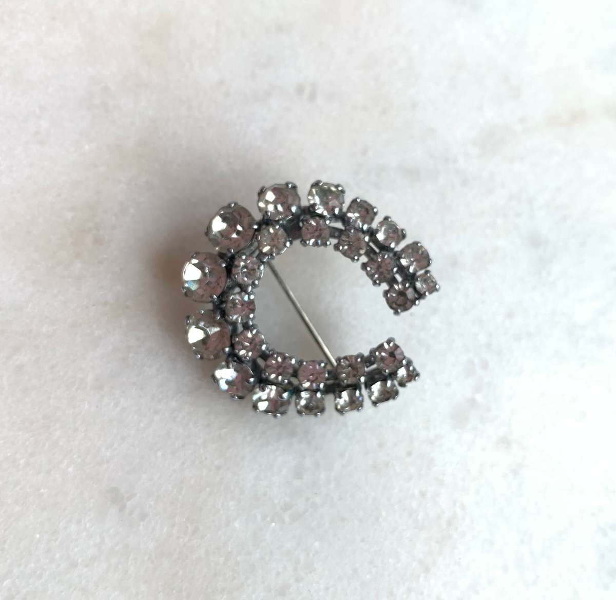 Brooch - Silver Tone Horseshoe Shaped. 2 Rows of Diamante #ML753