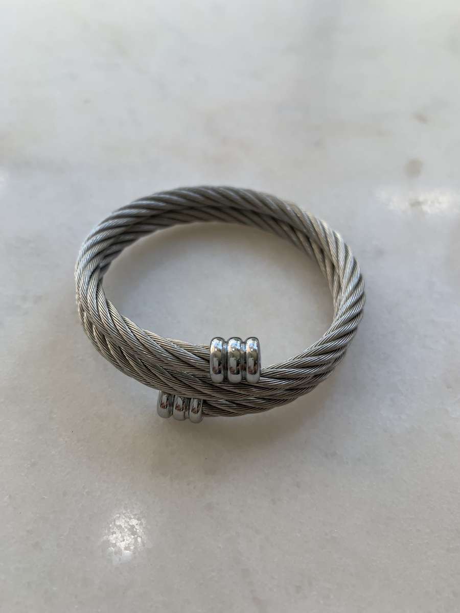 Silver Colour Double Wrap Bracelet With Rope Design With Capped Ends