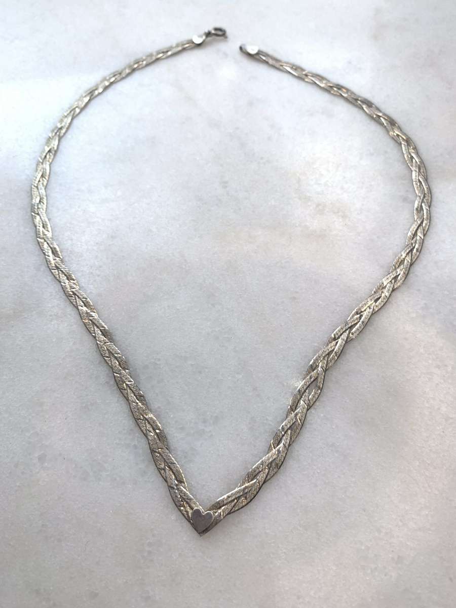 925 Silver Plaited Flat Link Necklace/Choker with Heart Shape on V. #ML834 R495.00