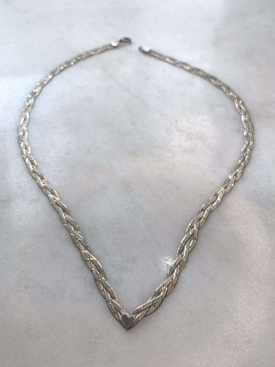 925 Silver Plaited Flat Link Necklace/Choker with Heart Shape on V. #ML834 R495.00