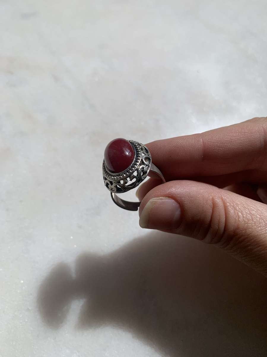 Adjustable Silver Tone Ring With Red/Brown Bead on Top and swirl pattern below bead #ML854 | Dime...