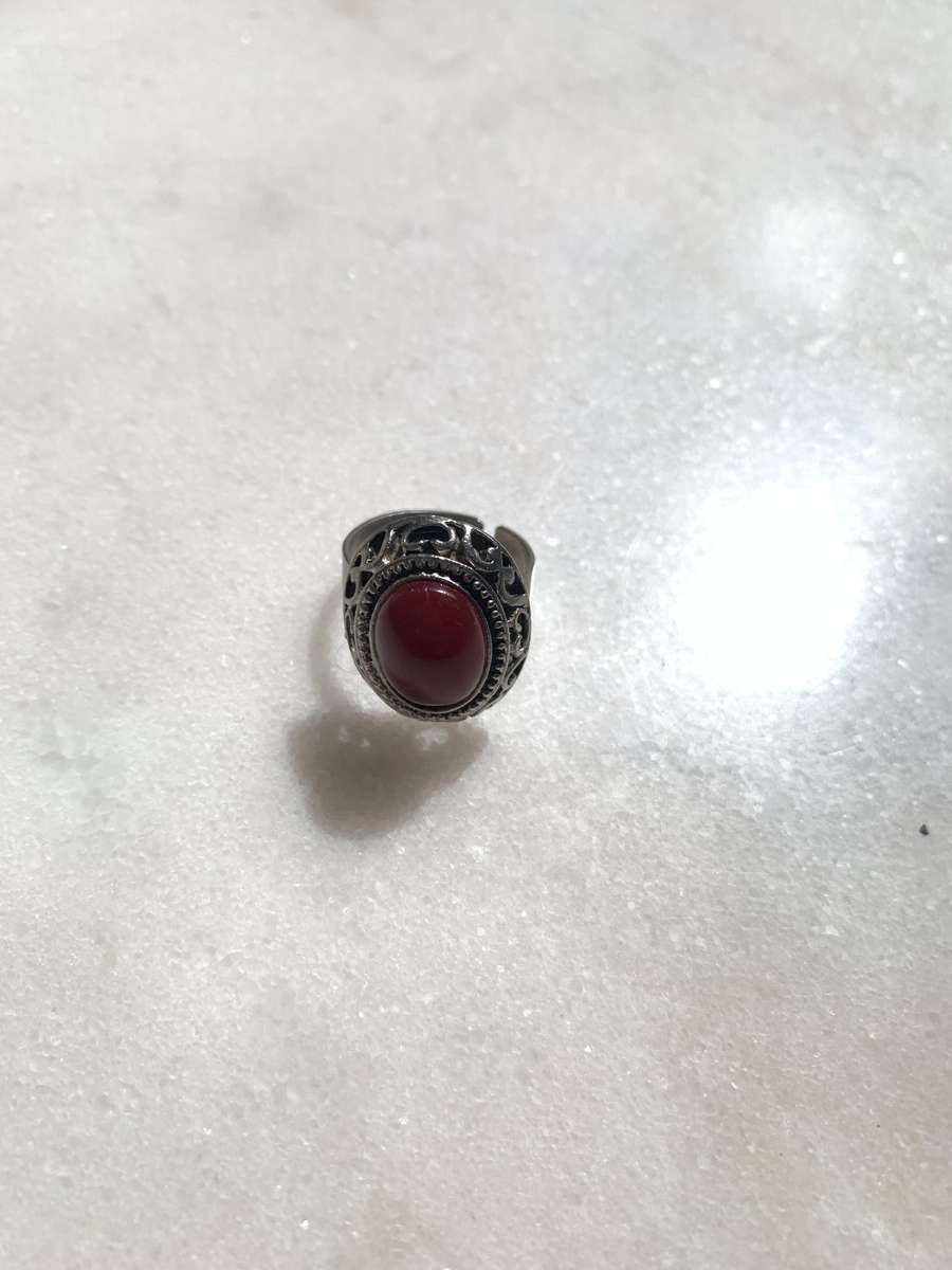 Adjustable Silver Tone Ring With Red/Brown Bead on Top and swirl pattern below bead #ML854 | Dime...