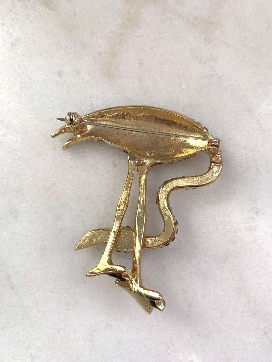 Vintage Signed D'orlan Gold-Tone Enameled & Rhinestones Flamingo Brooch
