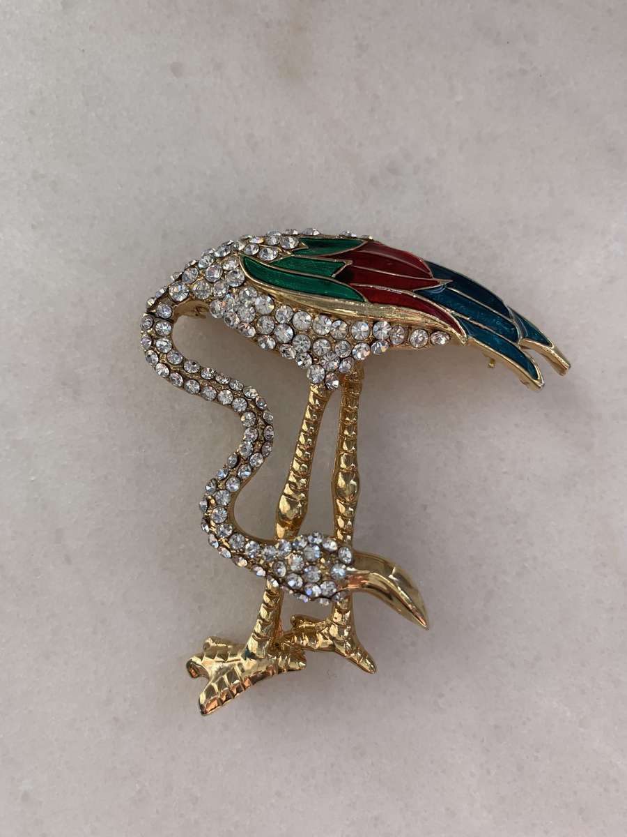 Vintage Signed D'orlan Gold-Tone Enameled & Rhinestones Flamingo Brooch