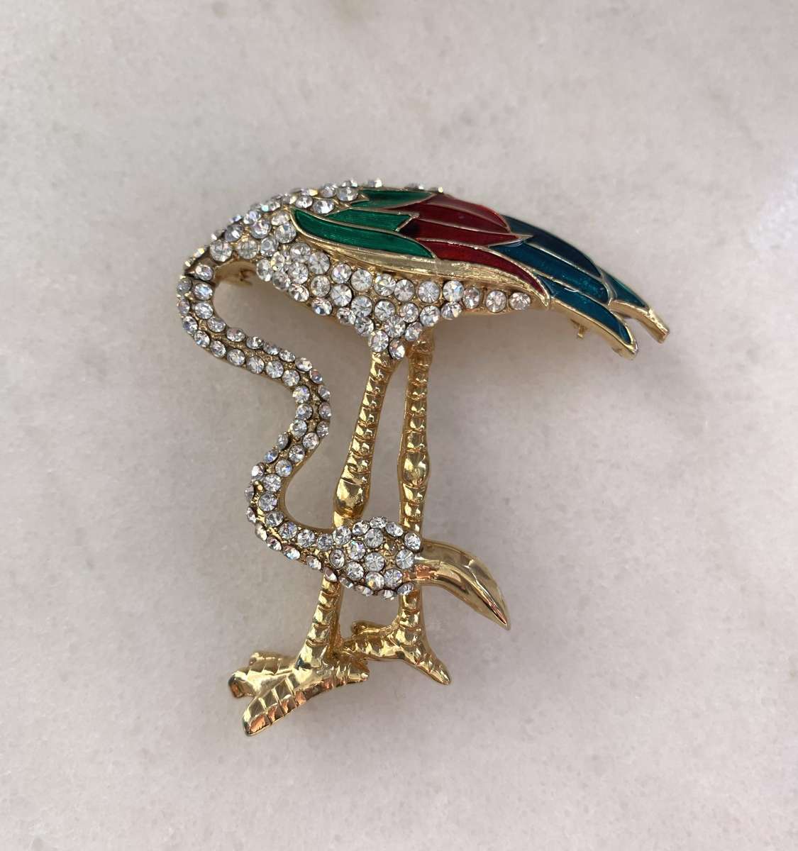 Vintage Signed D'orlan Gold-Tone Enameled & Rhinestones Flamingo Brooch