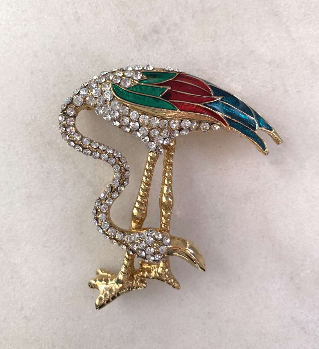Vintage Signed D'orlan Gold-Tone Enameled & Rhinestones Flamingo Brooch
