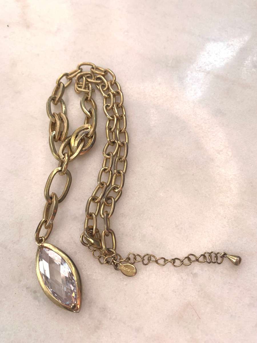 Gold Plated Honey Branded Necklace With Large White Marquise Shaped Bead #ML917 R245.00 | Dimensi...