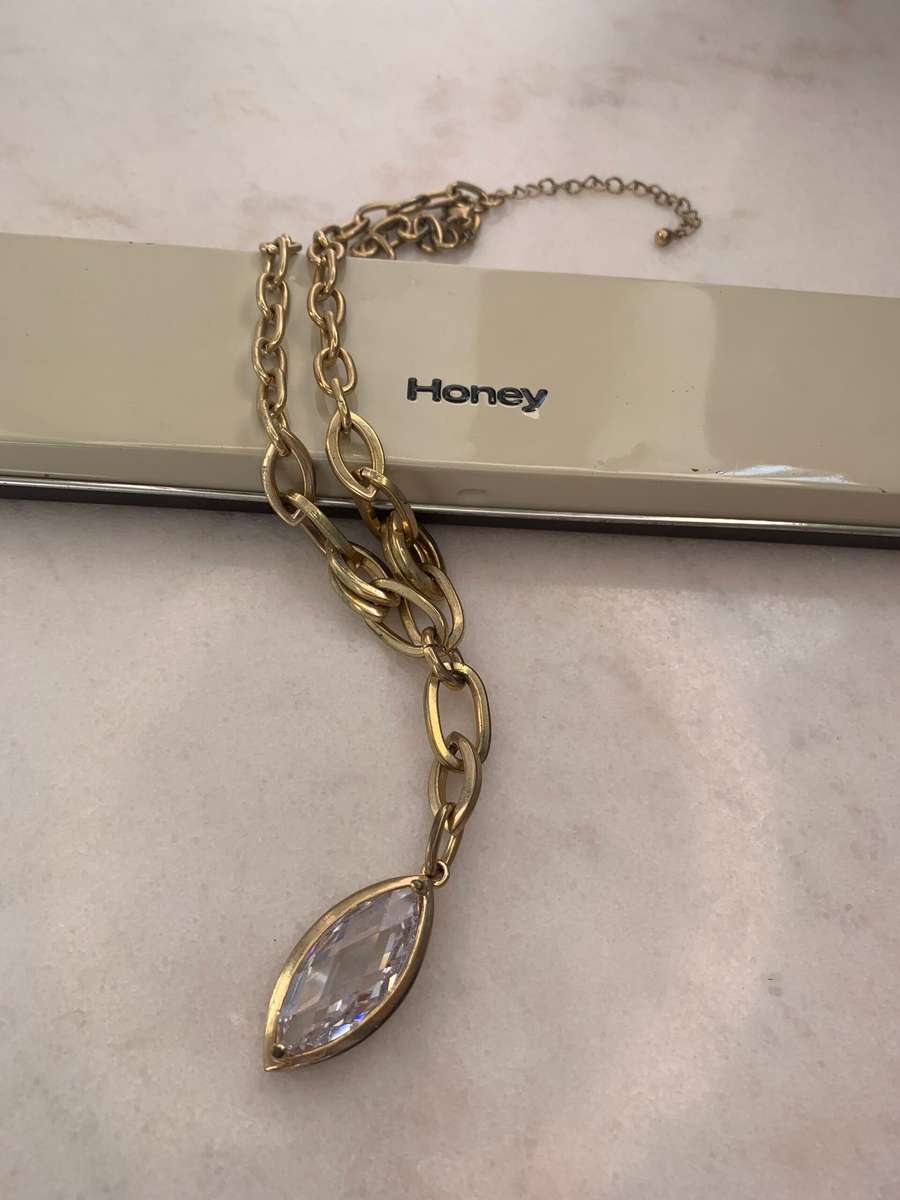 Gold Plated Honey Branded Necklace With Large White Marquise Shaped Bead #ML917 R245.00 | Dimensi...